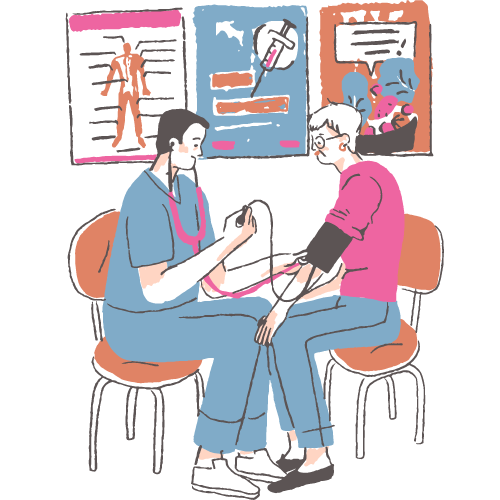 Illustrated doctor talking to patient.